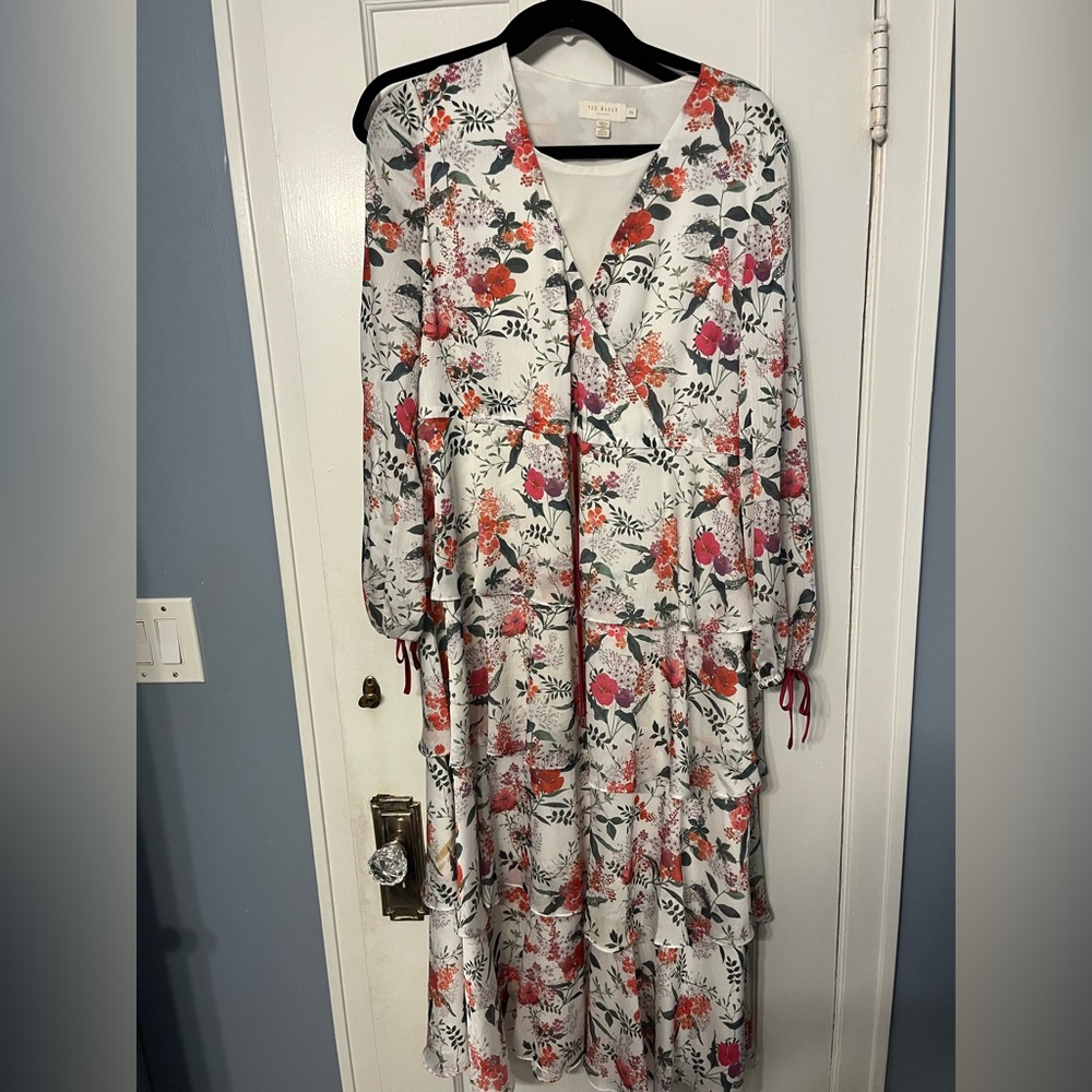 Ted Baker Multicolor Floral Long Sleeve Dress Maxi Modest Size Medium Tznius